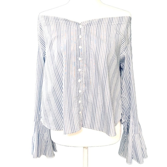Free People Crop Top Shirt Blue Striped Bell Sleeve Off The Shoulder Sz Medium - Picture 3 of 15